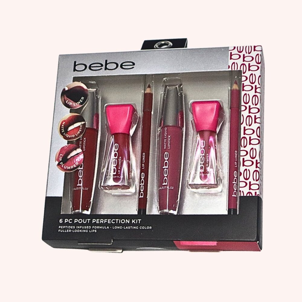 bebe 6PC Lip Kit Matte Liquid Lipstick + Liner + Plumper Set – Long Lasting